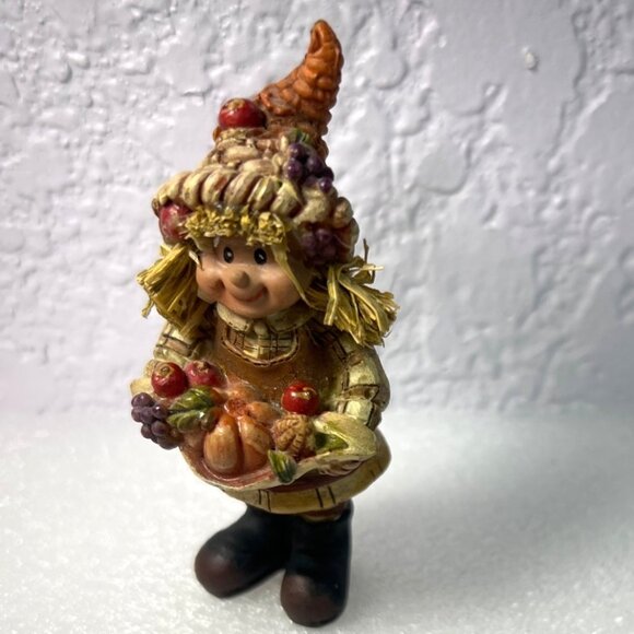 Whimsical Girl Harvest Scarecrow Figurine Autumn Produce Straw Hair Big Smile - Picture 2 of 7